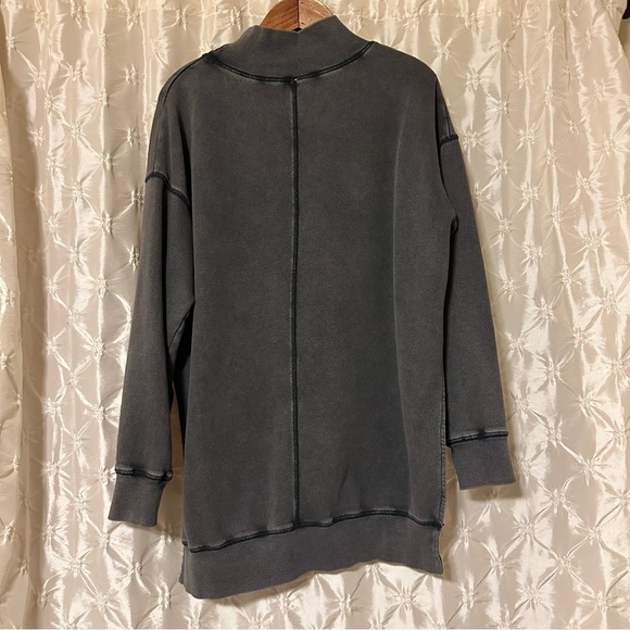Free People Distressed Charcoal Gray Black Mock Neck Sweatshirt Tunic Side Slit - Picture 5 of 11